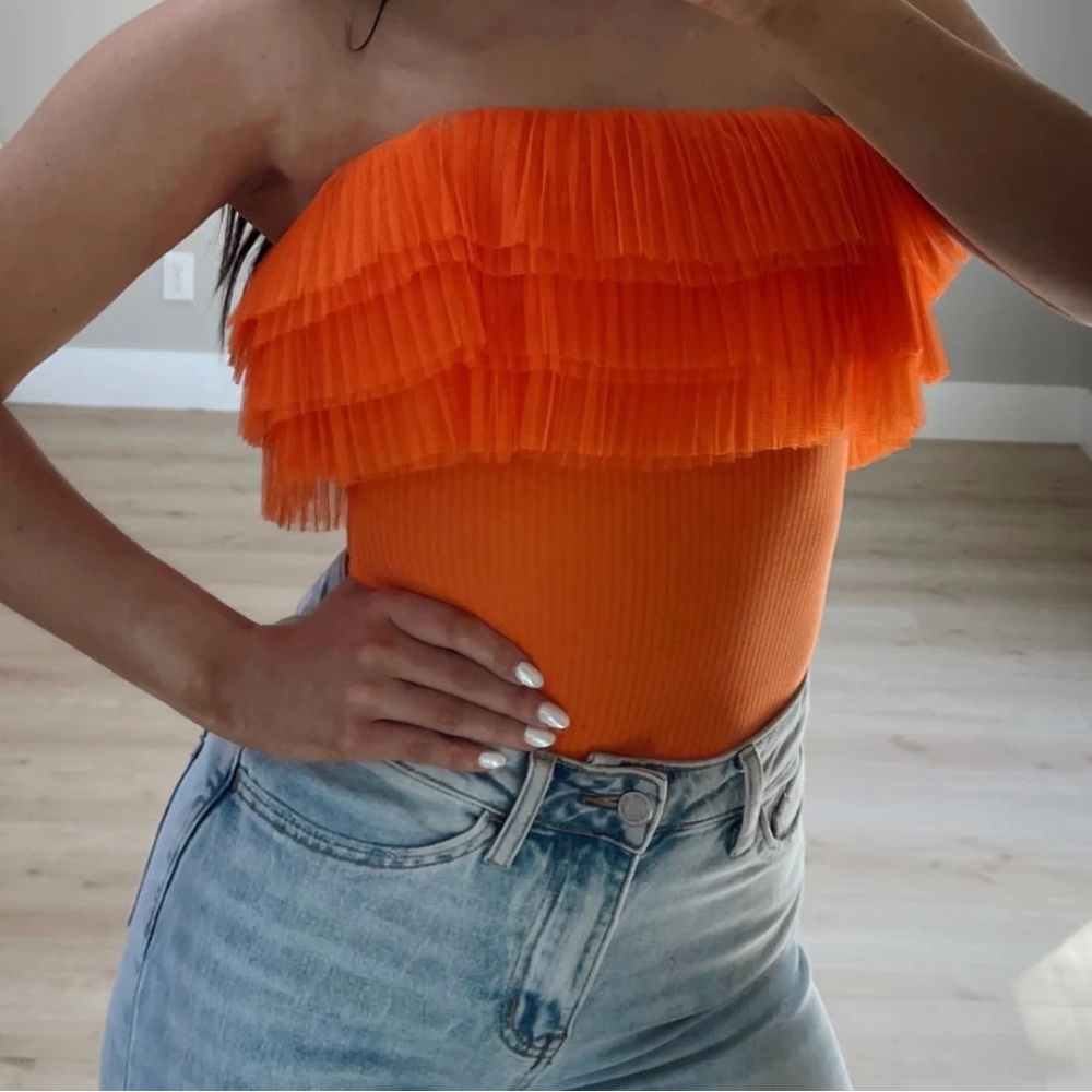 Orange Ruffled Off-Shoulder Strapless Body Suit M NWOT